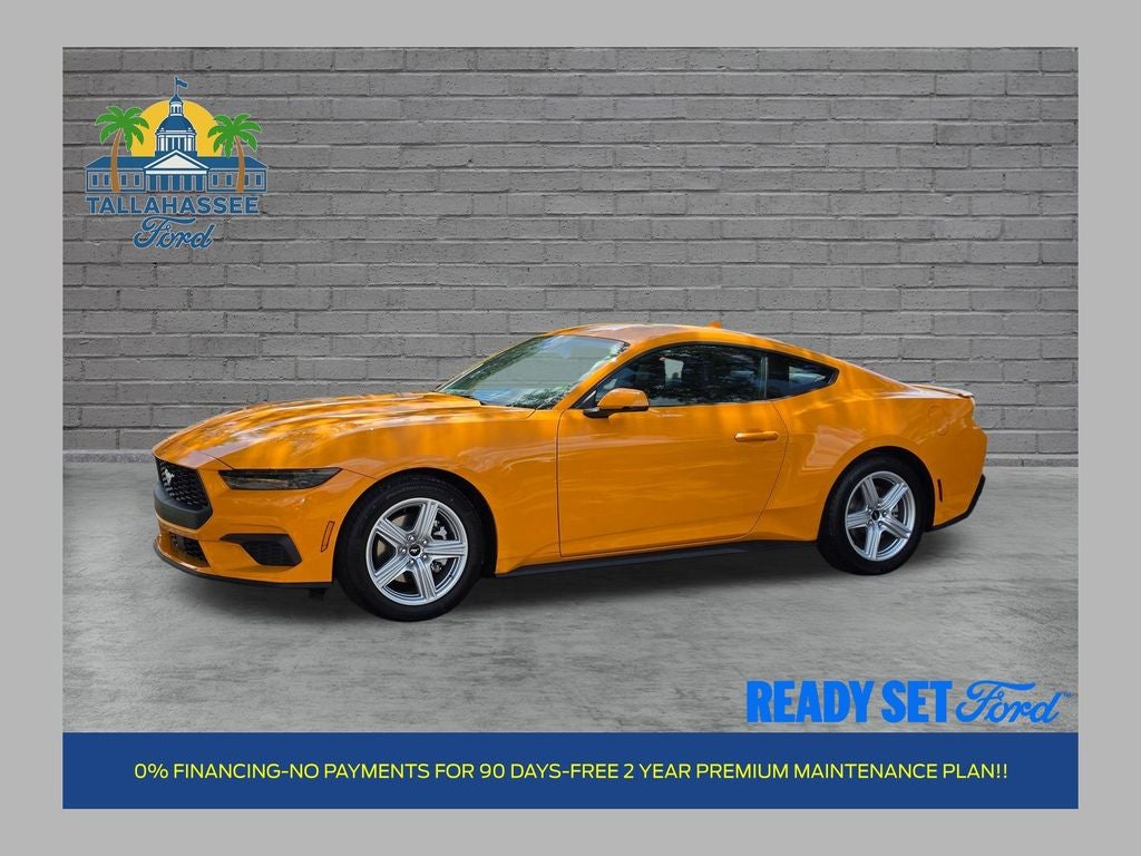 2026 Ford Mustang EcoBoost Premium in Orange Fury Metallic Tri-Coat — front three-quarter view