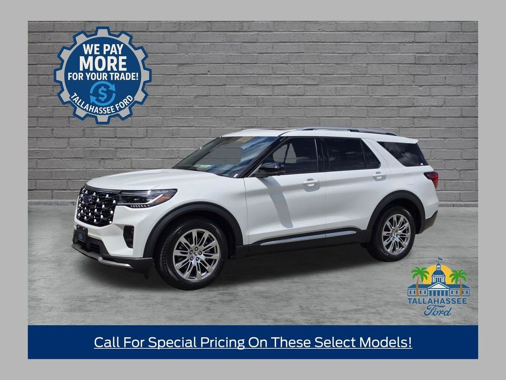 2026 Ford Explorer Platinum in Star White Metallic Tri-Coat — front three-quarter view