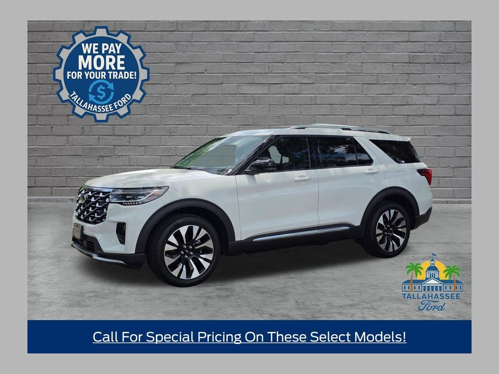 2026 Ford Explorer Platinum in Star White Metallic Tri-Coat — front three-quarter view