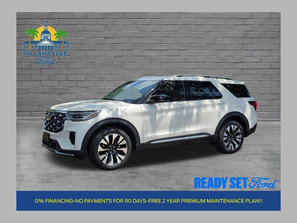 2026 Ford Explorer Platinum in Star White Metallic Tri-Coat — front three-quarter view