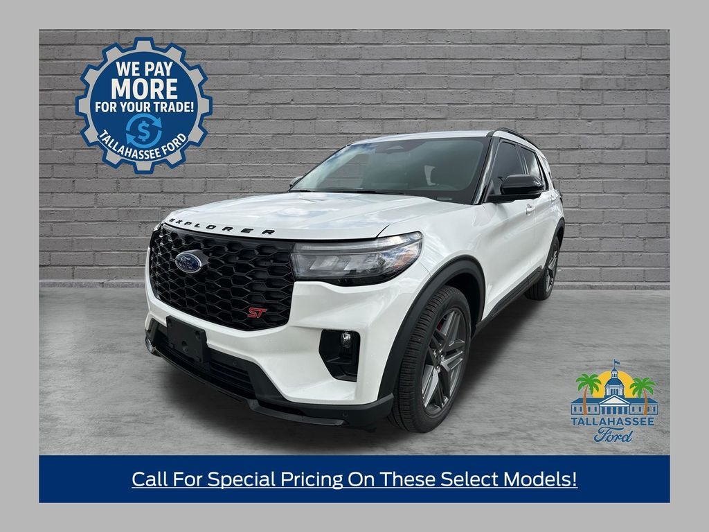 2026 Ford Explorer ST in Star White Metallic Tri-Coat — front three-quarter view
