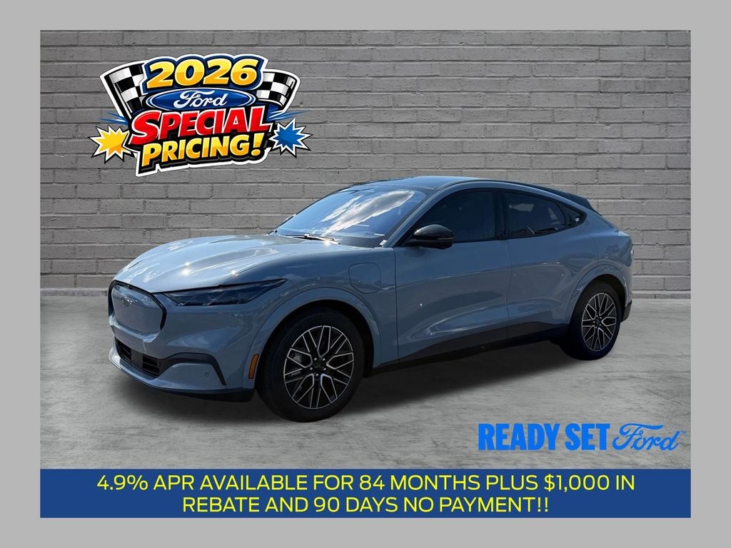 2026 Ford Mustang Mach-E Premium in Glacier Gray Metallic Tricoat — front three-quarter view