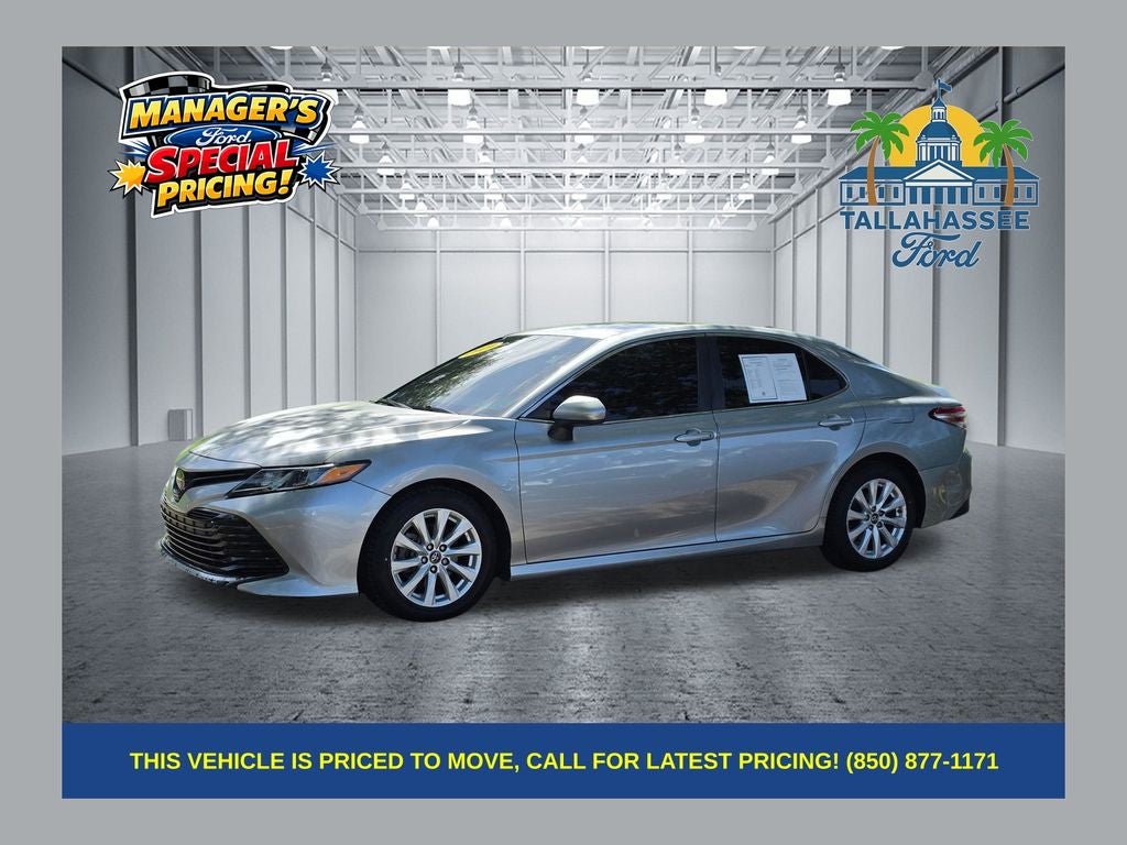 2019 Toyota Camry LE in Celestial Silver Metallic — front three-quarter view