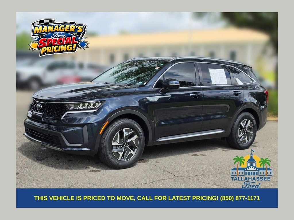 2021 Kia Sorento Hybrid S in Gravity Blue — front three-quarter view
