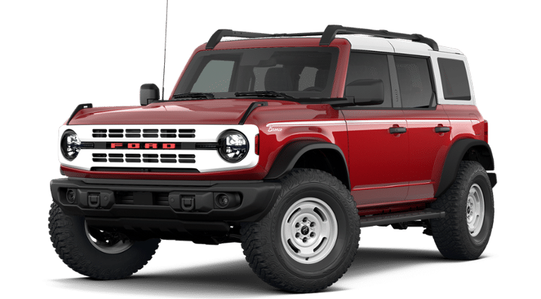 2026 Ford Bronco Heritage Edition in Ruby Red Metallic Tinted Clearcoat — front three-quarter view
