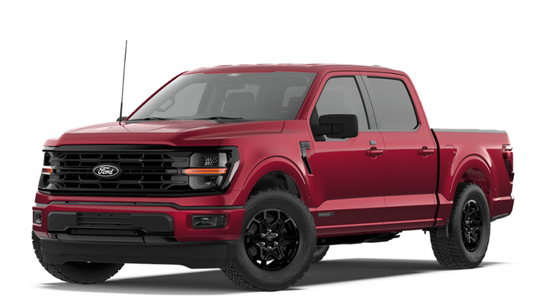 2026 Ford F-150 XLT in Ruby Red Metallic Tinted Clearcoat — front three-quarter view