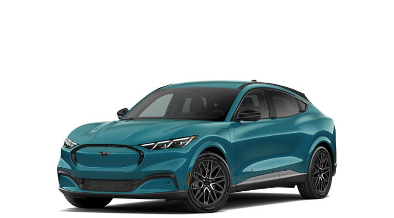 2026 Ford Mustang Mach-E Premium in Adriatic Blue Metallic — front three-quarter view
